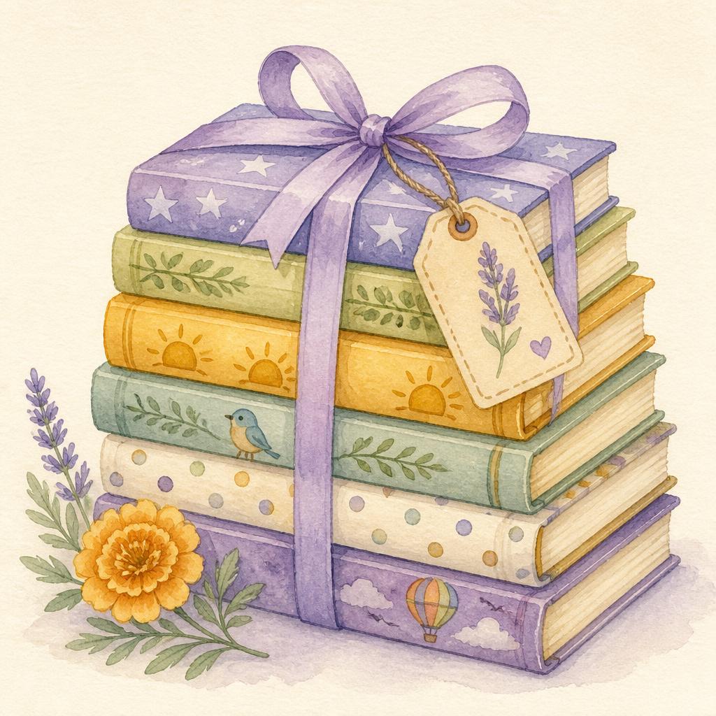 A ribbon-tied stack of children's books ready to donate