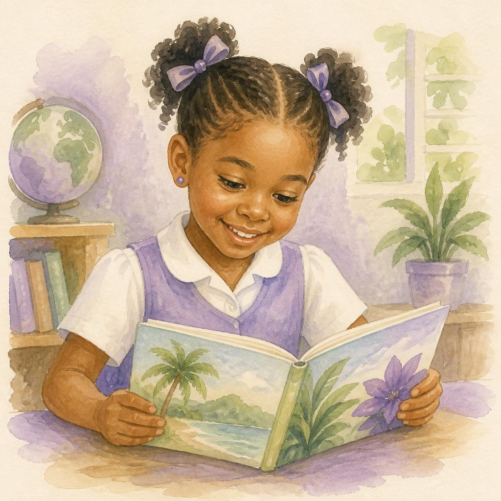 A student smiling while reading a picture book
