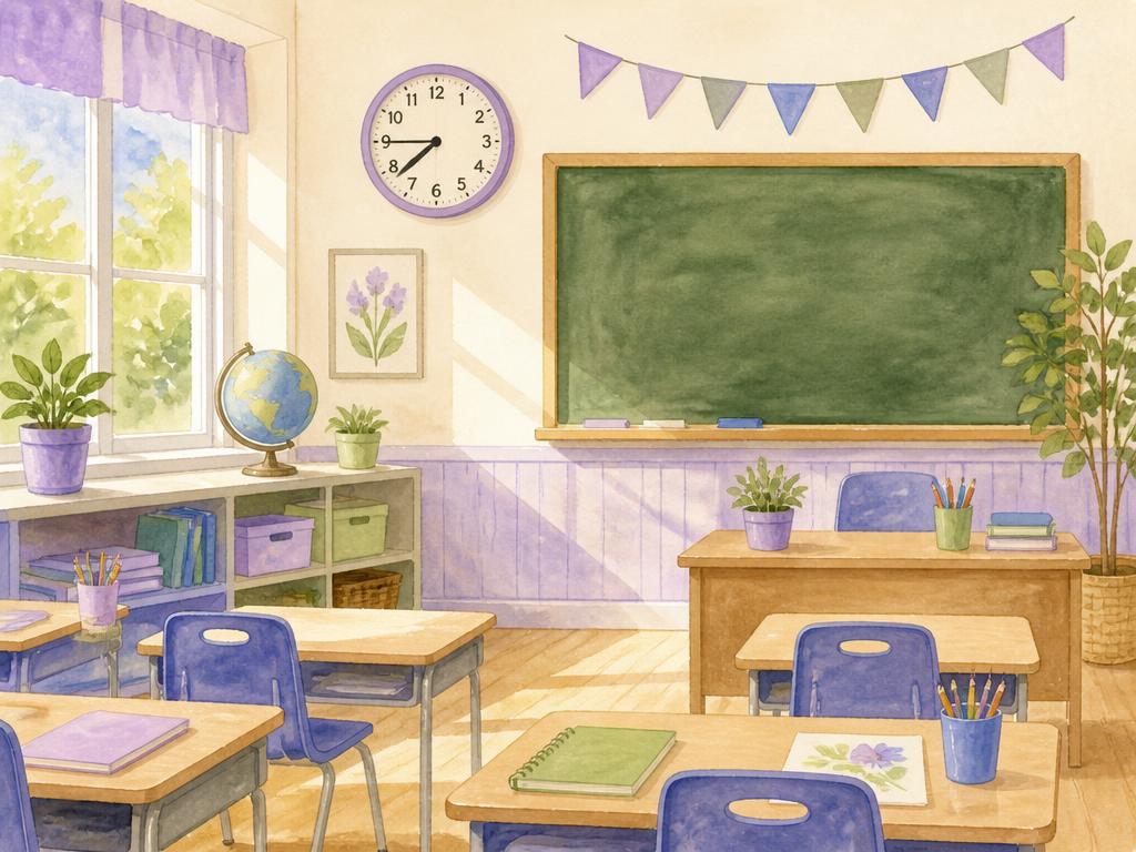 A bright primary classroom in the early morning